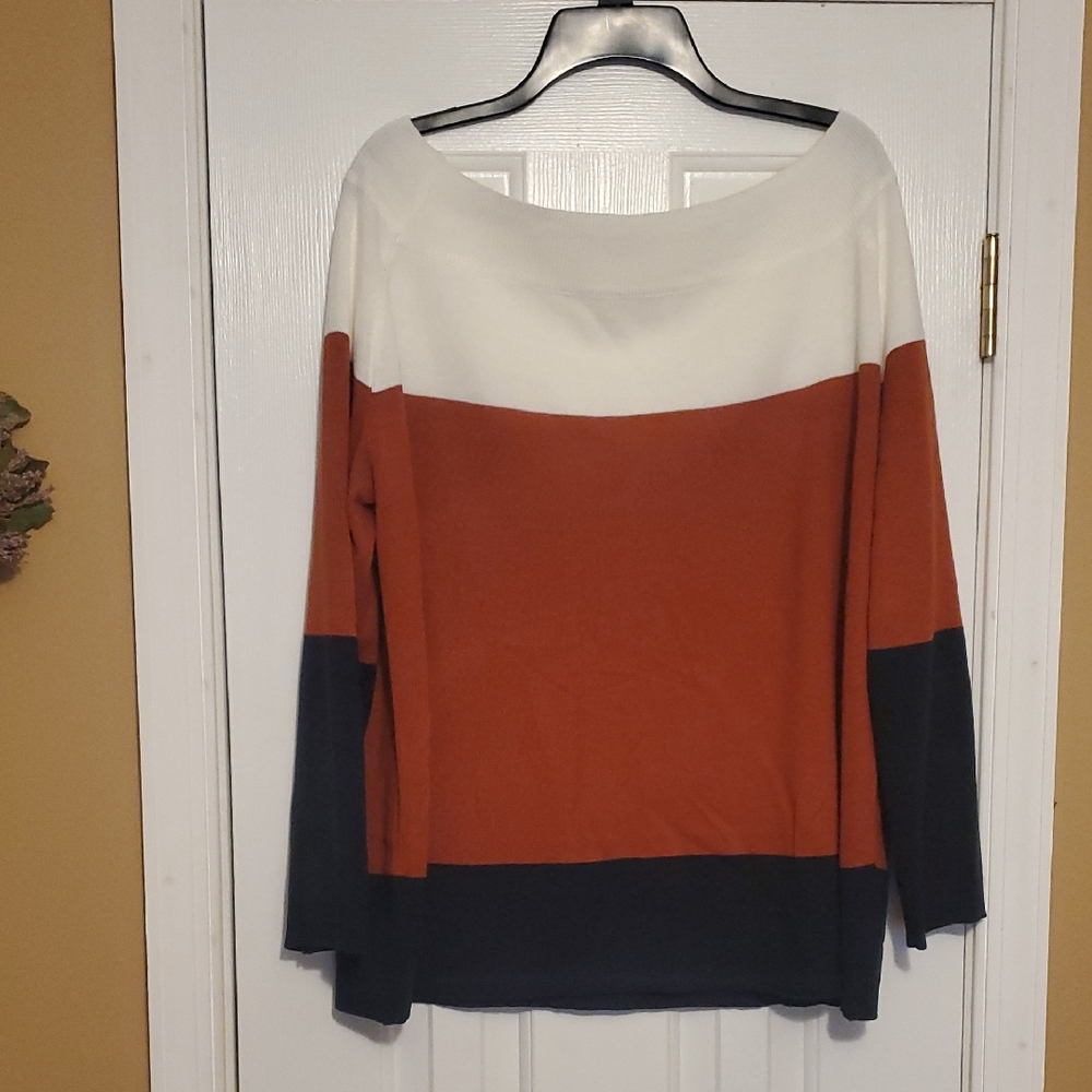 Off The Shoulder Color Block Sweater in White, Rust, and Green